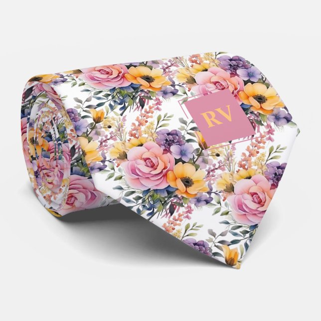 Elegant Pink Yellow Watercolor Flowers Tie (Rolled)