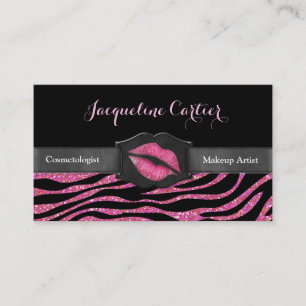 Elegant Pink Zebra Glitter Kiss Cosmetologist Business Card