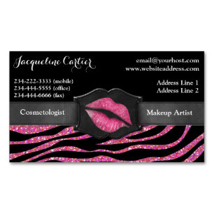 Elegant Pink Zebra Glitter Kiss Cosmetologist Magnetic Business Card