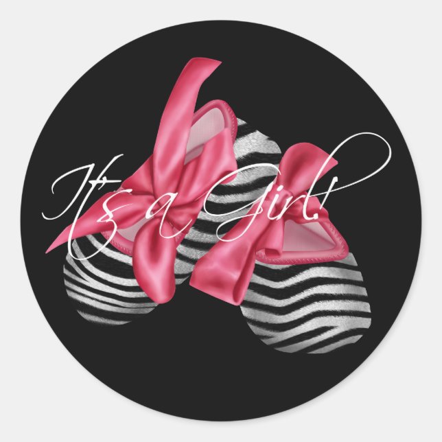 Elegant Pink Zebra Its a Girl Classic Round Sticker (Front)