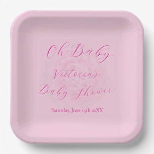 Elegant Pinks Oh Baby Script Peony Baby Shower Paper Plate