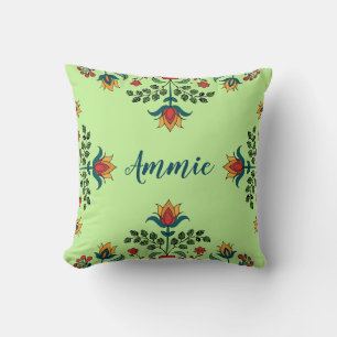 Elegant Pistachio Green Floral Custom Name Cushion