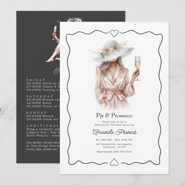 Elegant PJs & Prosecco Bachelorette Weekend Invitation (Front/Back)