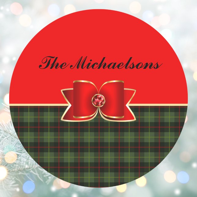 Elegant Plaid and Jewelled Bow with Name Classic Round Sticker (Creator Uploaded)