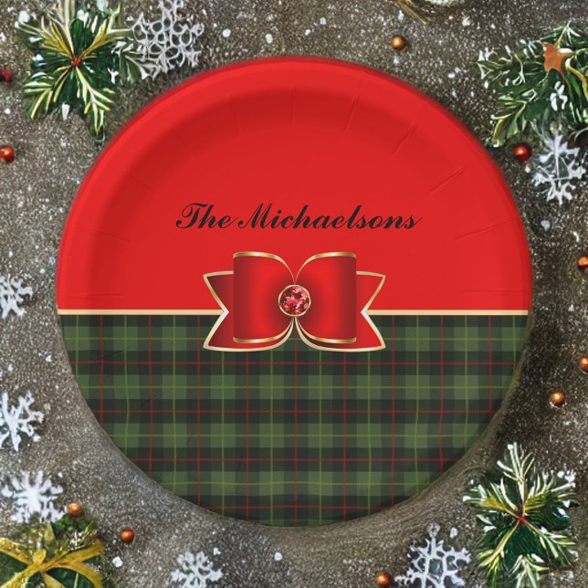Elegant Plaid and Jewelled Bow with Name Paper Plate (Creator Uploaded)