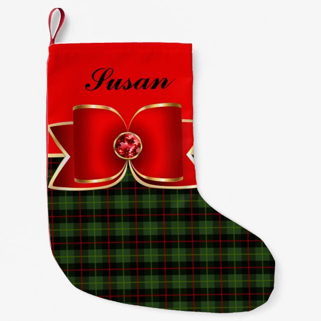 Elegant Plaid and Jewelled Bow with Name Small Christmas Stocking (Front)