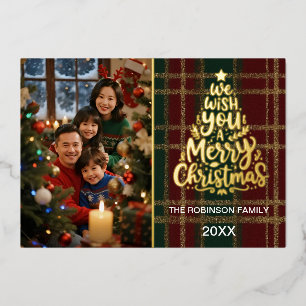 Elegant Plaid Christmas Photo Card with Gold Foil 