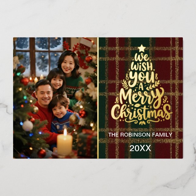 Elegant Plaid Christmas Photo Card with Gold Foil  (Front)