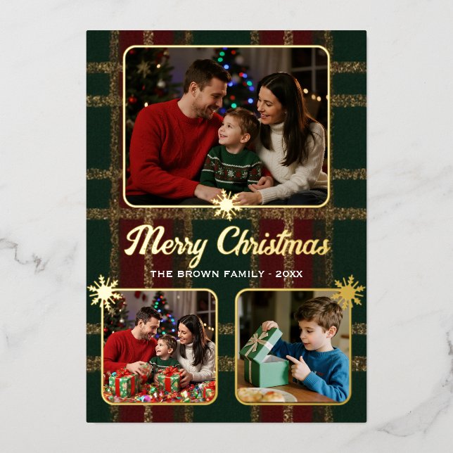 Elegant Plaid Christmas Photo Foil Card (Front)