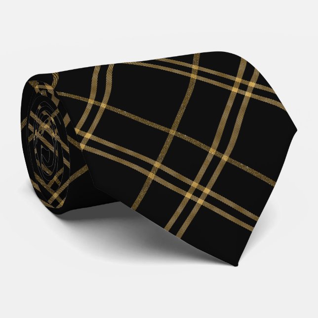  Elegant Plaid Gold and Black Tie (Rolled)