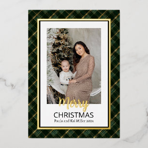 Elegant Plaid Merry Christmas Photo Gold Foil Holiday Card