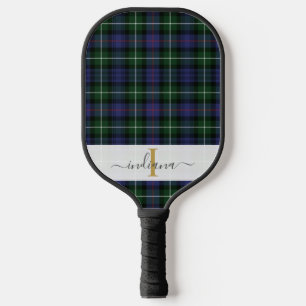 Elegant Plaid Monogram Script Tartan Pickleball Paddle