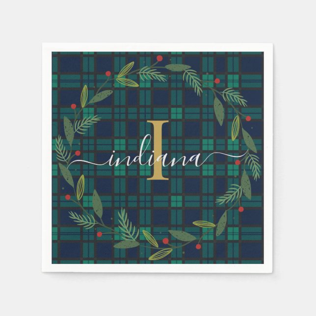Elegant Plaid Monogram Script Wreath Tartan Paper Napkin (Front)