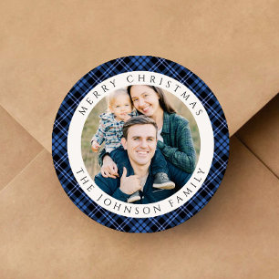 Elegant Plaid Photo Christmas Classic Round Sticker