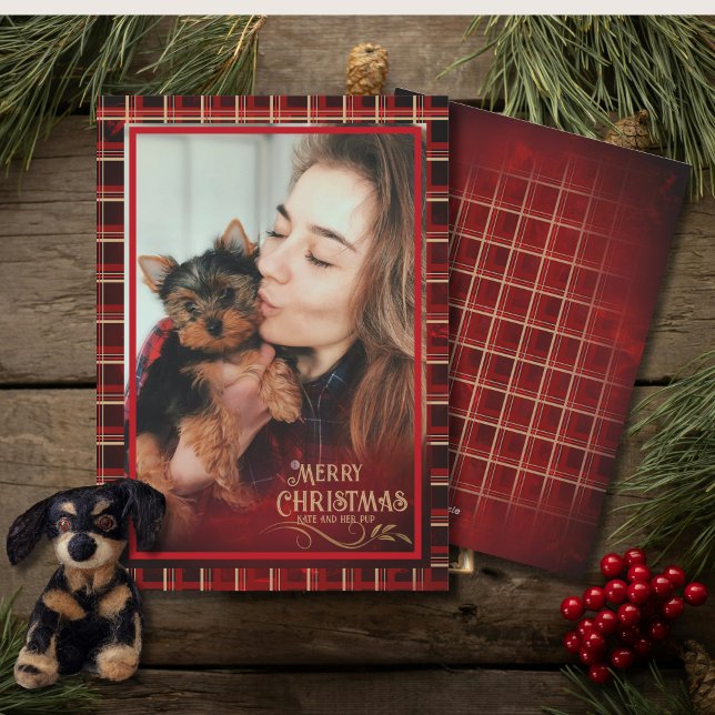 Elegant Plaid Photo RED GOLD Merry Christmas Holiday Card (Elegant Plaid Photo RED GOLD Merry Christmas Holiday Card)