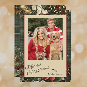 Elegant Plaid & Poinsettia Merry Christmas Photo Holiday Card