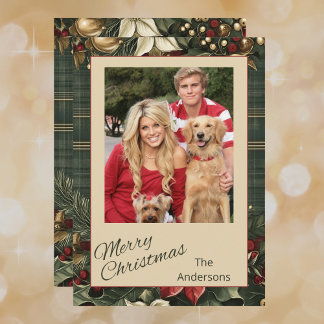 Elegant Plaid & Poinsettia Merry Christmas Photo Holiday Card