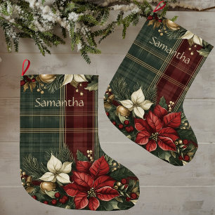 Elegant Plaid & Poinsettia Name Christmas Holiday Large Christmas Stocking