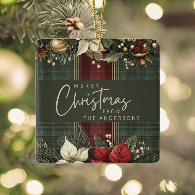 Elegant Plaid Poinsettia Name Merry Christmas Ceramic Ornament (Creator Uploaded)