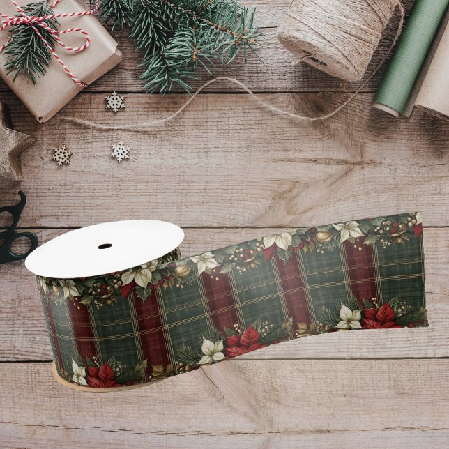 Elegant Plaid & Poinsettias Christmas Holiday Satin Ribbon (Creator Uploaded)