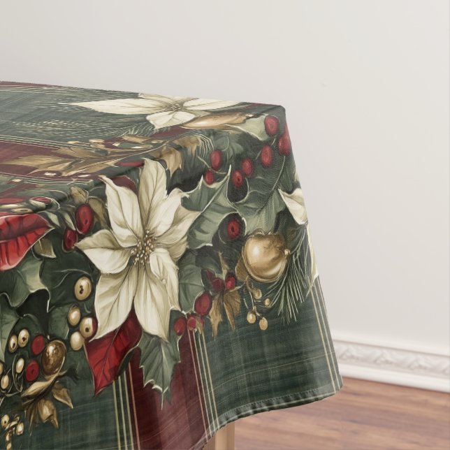 Elegant Plaid Poinsettias Christmas Holiday Tablecloth (In Situ)