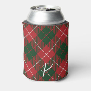 Elegant Plaid Red Green Tartan Monogram Custom Can Cooler