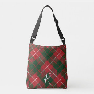 Elegant Plaid Red Green Tartan Monogram Custom Crossbody Bag