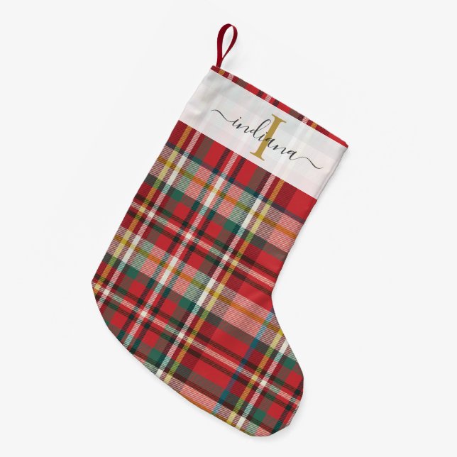 Elegant Plaid Red Rustic Christmas Holidays  Small Christmas Stocking (Front (Hanging))