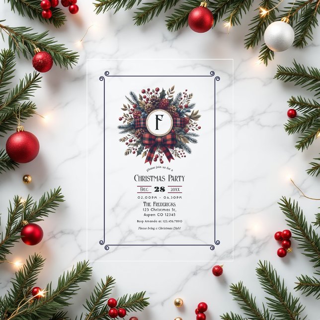 Elegant Plaid Wreath Vintage Christmas Party Vellum Invitations (Elegant Plaid Wreath Vintage Christmas Party Vellum Invitation)