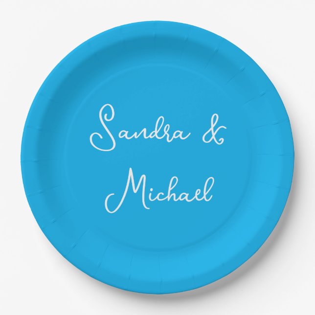 Elegant Plain Azure Blue Personalised Custom Paper Plate (Front)
