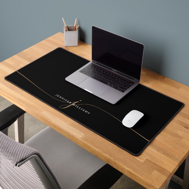 Elegant Plain Black and Gold Script Monogram Desk Mat (Office 2)