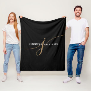 Elegant Plain Black and Gold Script Monogram Fleece Blanket