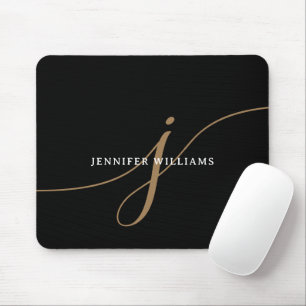 Elegant Plain Black and Gold Script Monogram Mouse Mat
