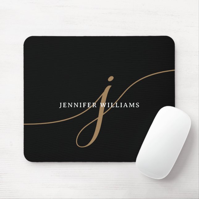 Elegant Plain Black and Gold Script Monogram Mouse Mat (With Mouse)