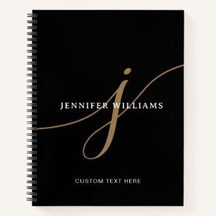Elegant Plain Black and Gold Script Monogram Notebook