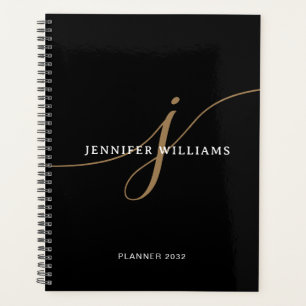 Elegant Plain Black and Gold Script Monogram Planner
