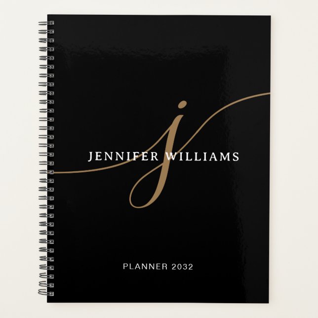 Elegant Plain Black and Gold Script Monogram Planner (Front)