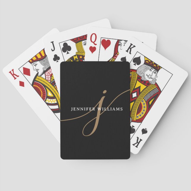 Elegant Plain Black and Gold Script Monogram Playing Cards (Back)