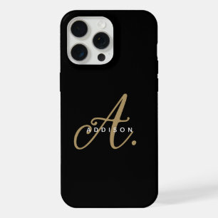 Elegant Plain Black Gold Script Monogram iPhone 15 Pro Max Case