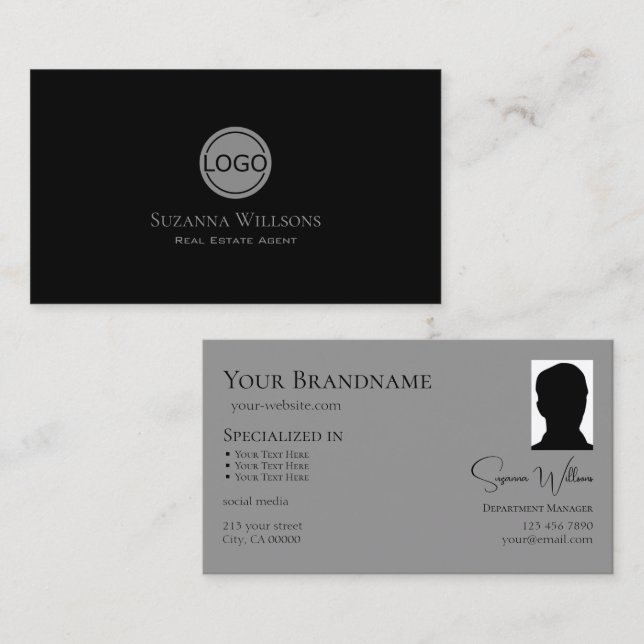 Elegant Plain Black Grey with Logo and Photo Cool Business Card (Front/Back)