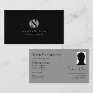 Elegant Plain Black Grey with Monogram and Photo Business Card