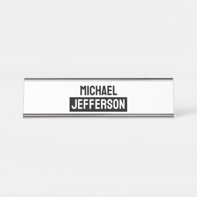 Elegant Plain Black White Personalised Custom Desk Name Plate (Front)