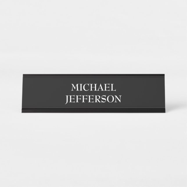 Elegant Plain Black White Personalised Custom Desk Name Plate (Front)