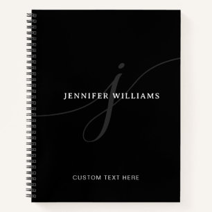 Elegant Plain Black White Silver Script Monogram Notebook