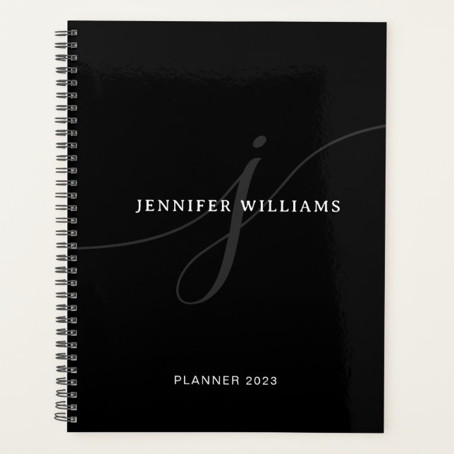 Elegant Plain Black White Silver Script Monogram Planner (Front)