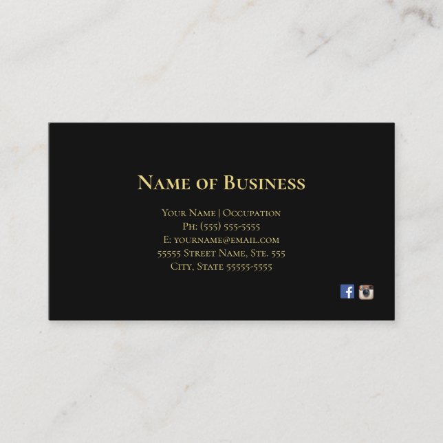 Elegant Plain Black With Gold Text Social Media Business Card (Front)