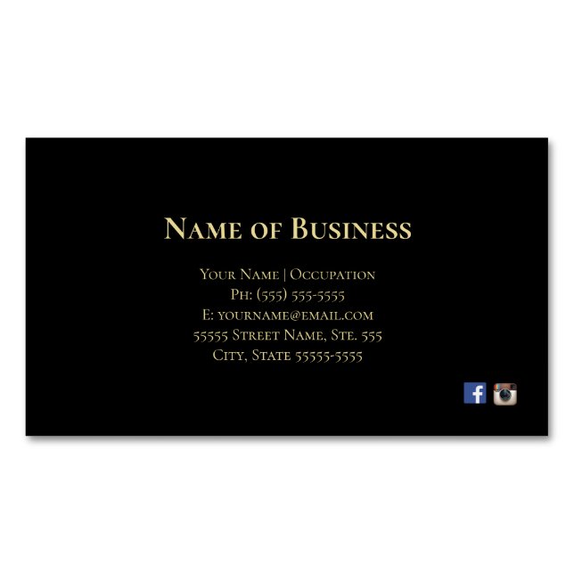 Elegant Plain Black With Gold Text Social Media Magnetic Business Card (Front)