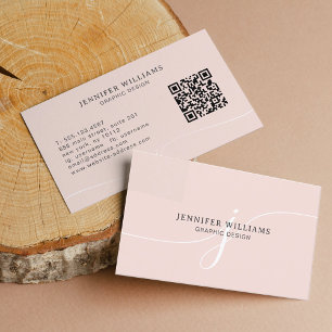 Elegant Plain Blush Pink Script Monogram QR Code Business Card