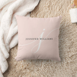 Elegant Plain Blush Pink White Script Monogram Cushion