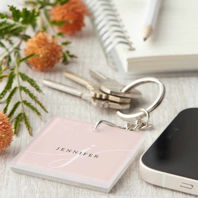 Elegant Plain Blush Pink White Script Monogram Key Ring (Front Right)